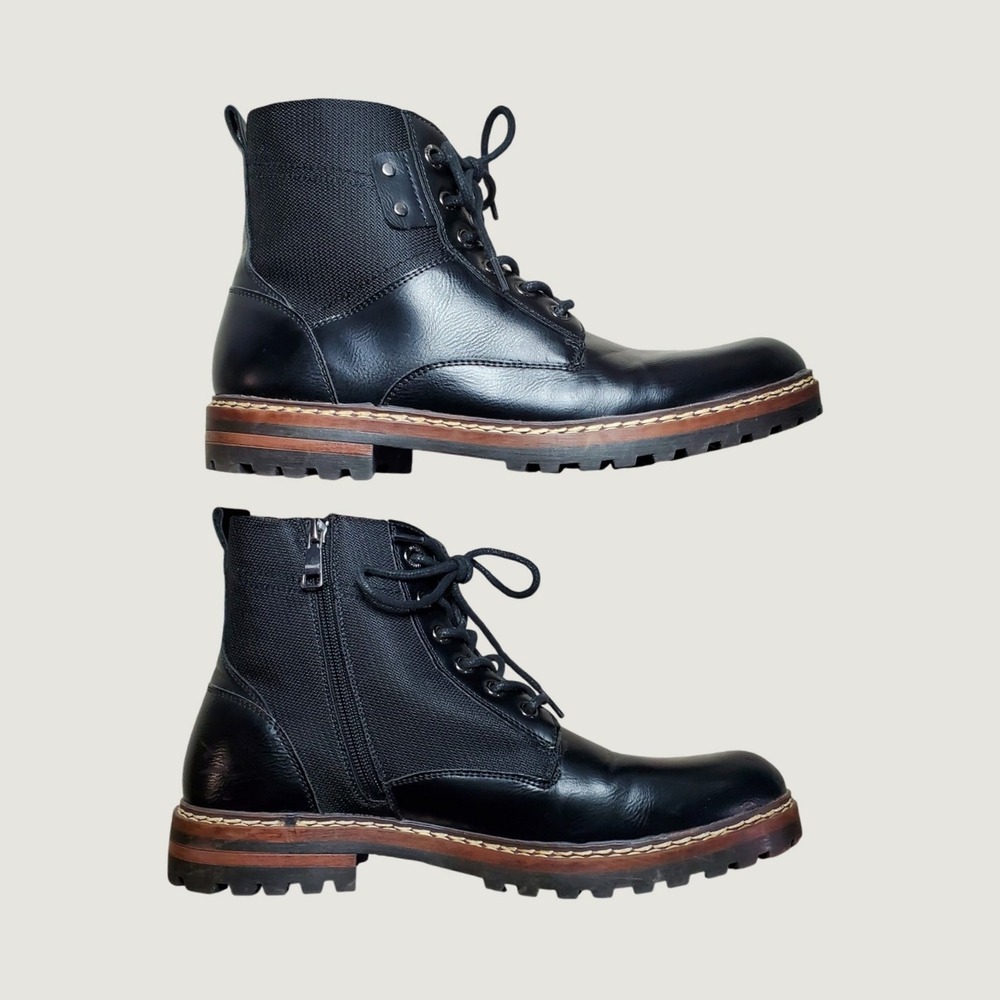 Madden Tuskhorn Leather Mens Black Lace Up Side Zip Combat Boots Lug Sole 9.5 M